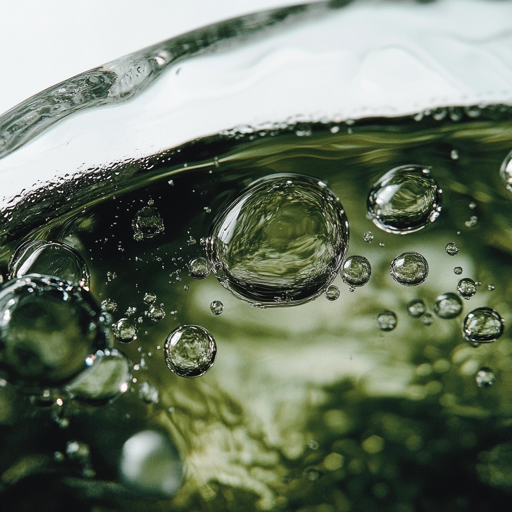 A macro view of a green liquid and glass-like cellular texture.