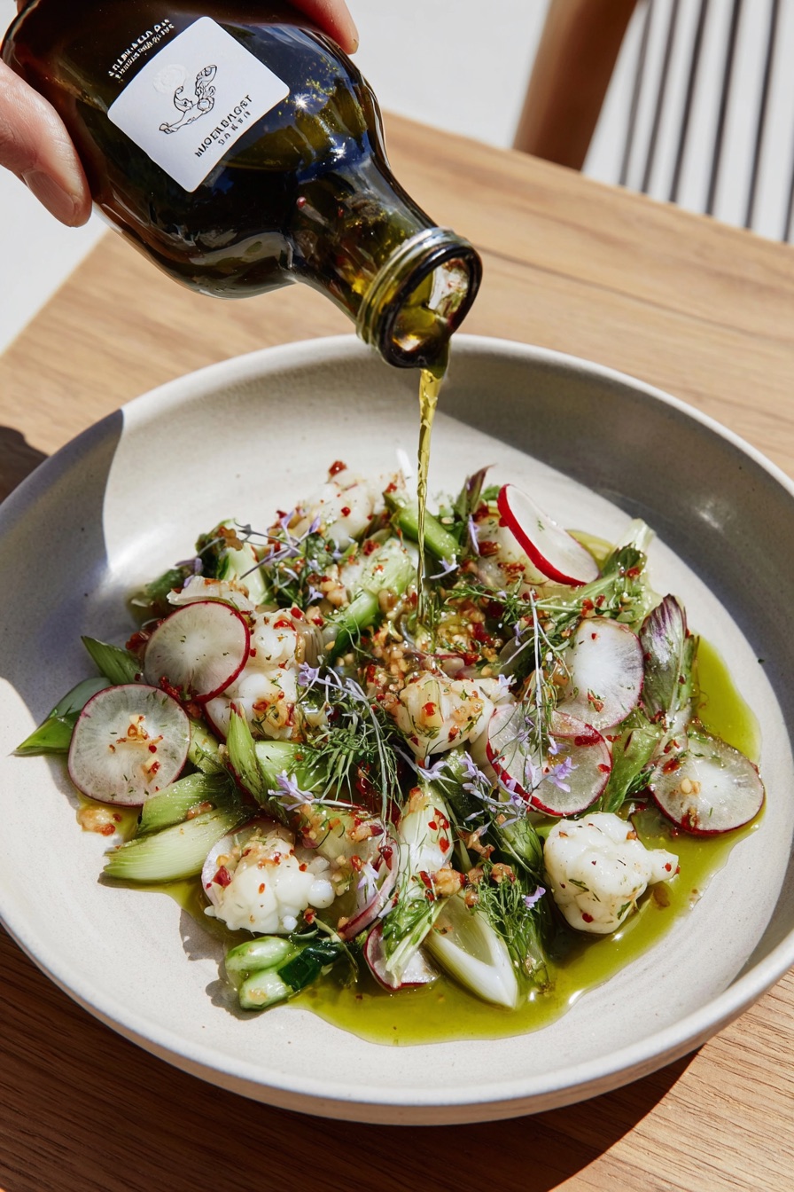 A nutrient-rich meal being finished with olive oil.